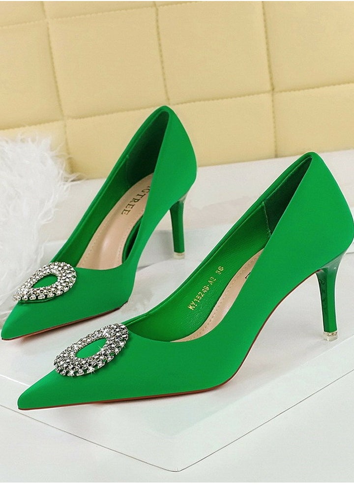BIGTREE Women's Closed Pointed Toe Stiletto Pump Rhinestone Round Buckle Decoration High Heels Green 7.5CM  - Image 1