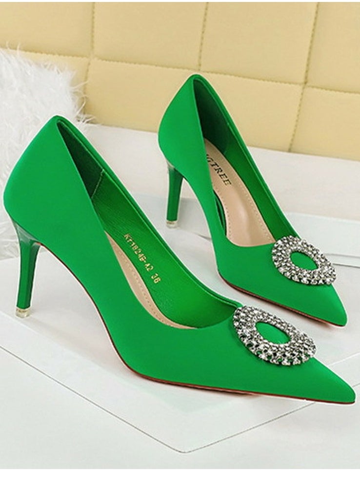 BIGTREE Women's Closed Pointed Toe Stiletto Pump Rhinestone Round Buckle Decoration High Heels Green 7.5CM  - Image 2