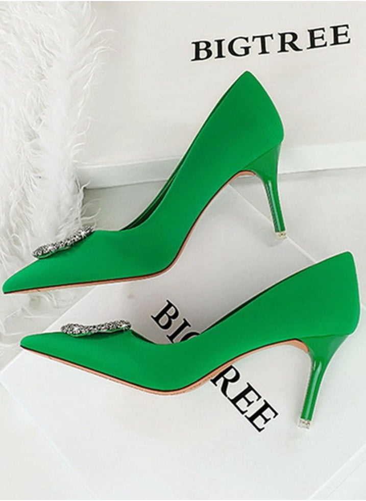 BIGTREE Women's Closed Pointed Toe Stiletto Pump Rhinestone Round Buckle Decoration High Heels Green 7.5CM  - Image 3