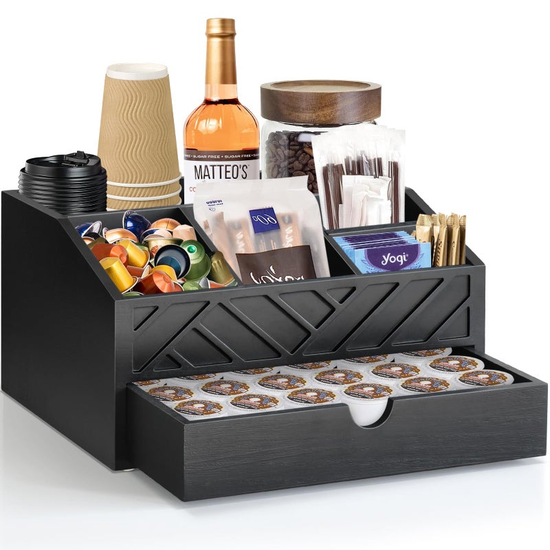Jorkol منظم بار القهوة مع درج، منظم محطة القهوة لسطح الطاولة، منظم ملحقات بار القهوة الخشبي لتزيين بار القهوة، حامل أكواب المزرعة ومنظم التوابل (أسود) - Image 1