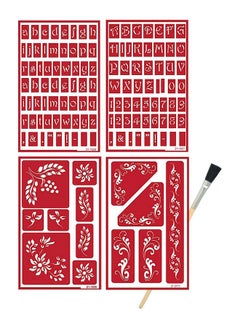 4 Armour Etch Over N Over Reusable Glass Etching Stencils ; Upper Case Alphabet Lowercase Alphabets Floral Fleur De Lis Berries Theme Stencil ; Set Includes Brush Total 5 Items