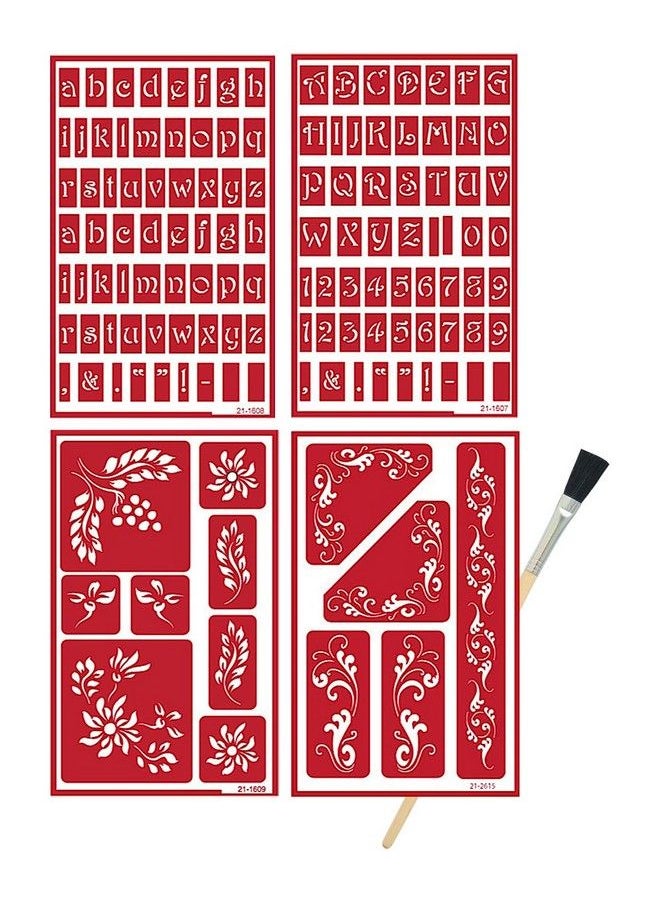 Generic - 4 Armour Etch Over N Over Reusable Glass Etching Stencils ; Upper Case Alphabet Lowercase Alphabets Floral Fleur De Lis Berries Theme Stencil ; Set Includes Brush Total 5 Items - Image 1