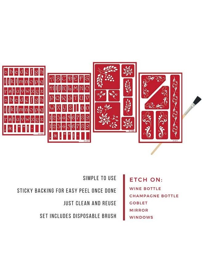 Generic - 4 Armour Etch Over N Over Reusable Glass Etching Stencils ; Upper Case Alphabet Lowercase Alphabets Floral Fleur De Lis Berries Theme Stencil ; Set Includes Brush Total 5 Items - Image 1