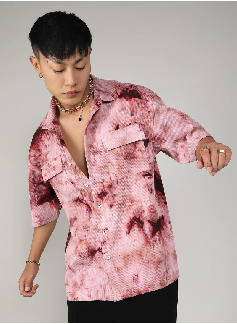 Campus Sutra Men's Wine Red Tie-Dye Utility Oversized Shirt