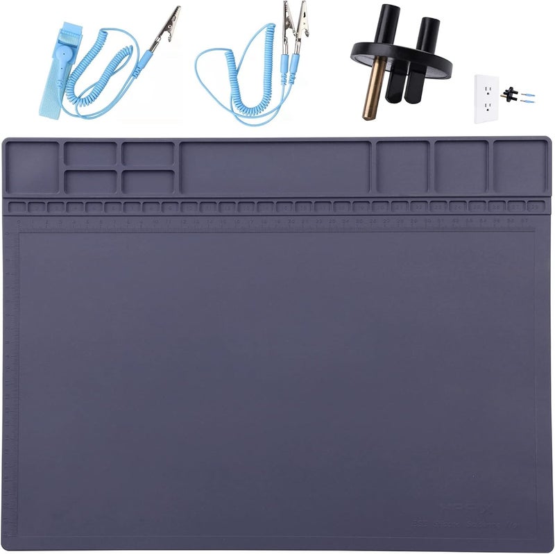 HPFIX Anti-Static Mat ESD Safe for Electronic Includes ESD Wristband and Grounding Wire, Silicone Soldering Repair Mat 932°F Heat Resistant for iPhone iPad iMac, Laptop, Computer, 15.9” x 12” Grey - Image 1