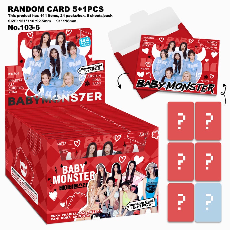Babymonster KPOP Random Card Pack 5+1PCS – LOMO Photo Cards with Envelopes,91x118mm, 144 Items per Box (24 Packs, 6 Sheets/Pack)