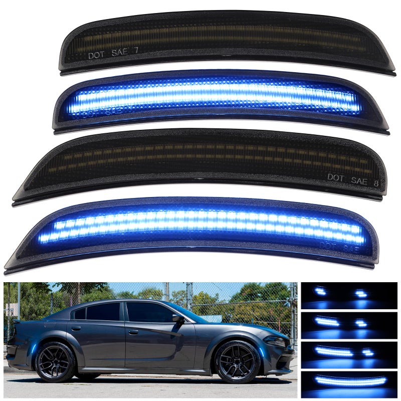 FetonAuto Dynamic Blue LED Side Marker Lights for Dodge Charger 2015 2016 2017 2018 2019 2020 2021 2022 2023 2024 Front Rear Bumper Sequential Signal Lamps 4PCS Smoked Lens