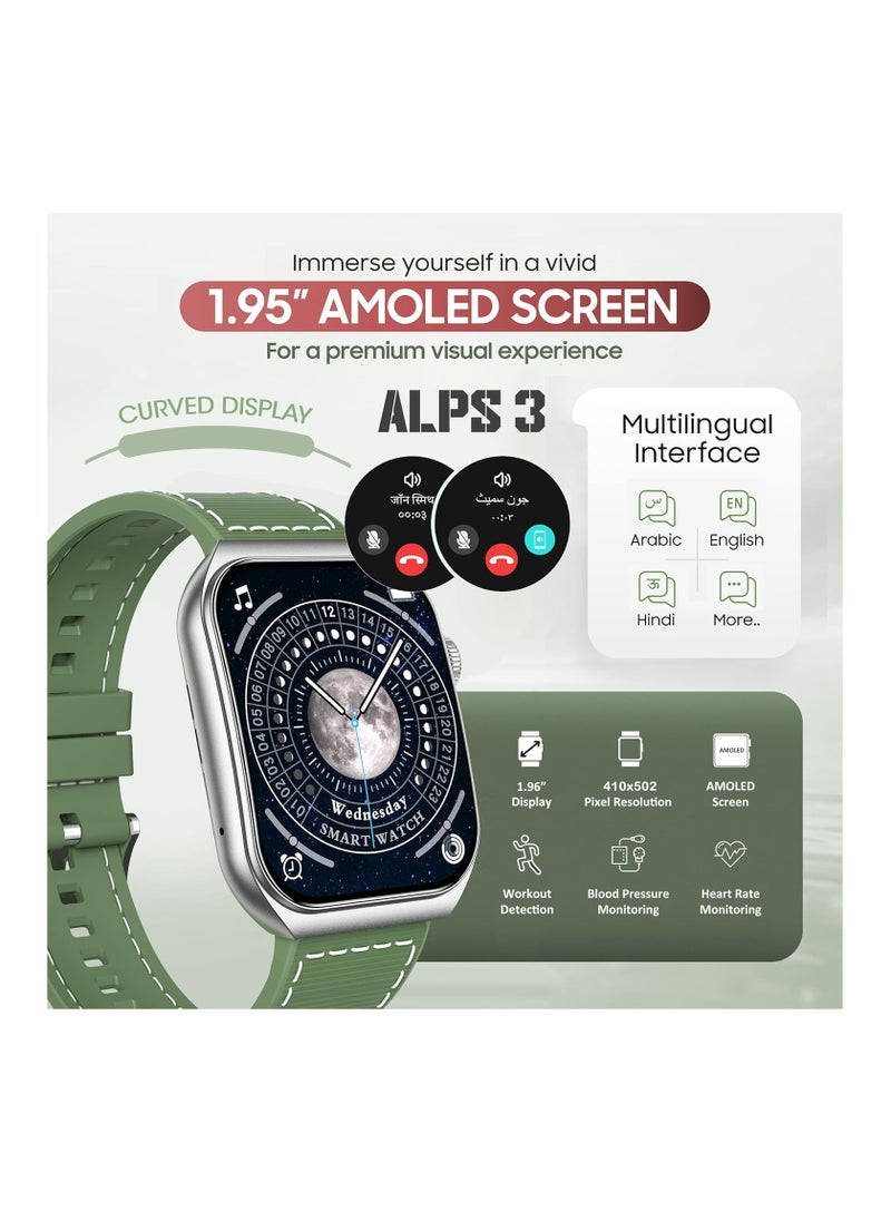SWISS MILITARY - Swiss Military Alps3 Smartwatch, Curved Display 1.96” AMOLED, Bluetooth Calling, Multi Language, Fitness Tracking, Wireless Charging, 7 Days Battery, iOS/Android Compatible, Silver Frame & Green Strap - Image 1