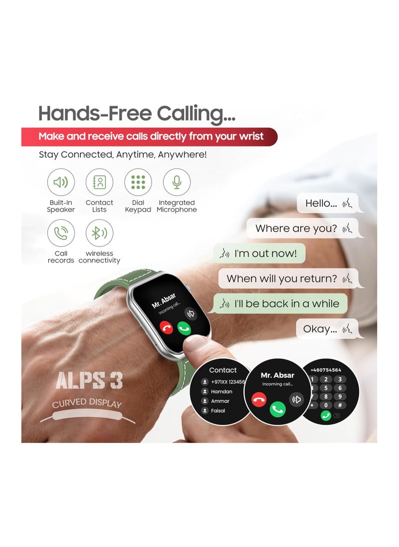 SWISS MILITARY - Swiss Military Alps3 Smartwatch, Curved Display 1.96” AMOLED, Bluetooth Calling, Multi Language, Fitness Tracking, Wireless Charging, 7 Days Battery, iOS/Android Compatible, Silver Frame & Green Strap - Image 1