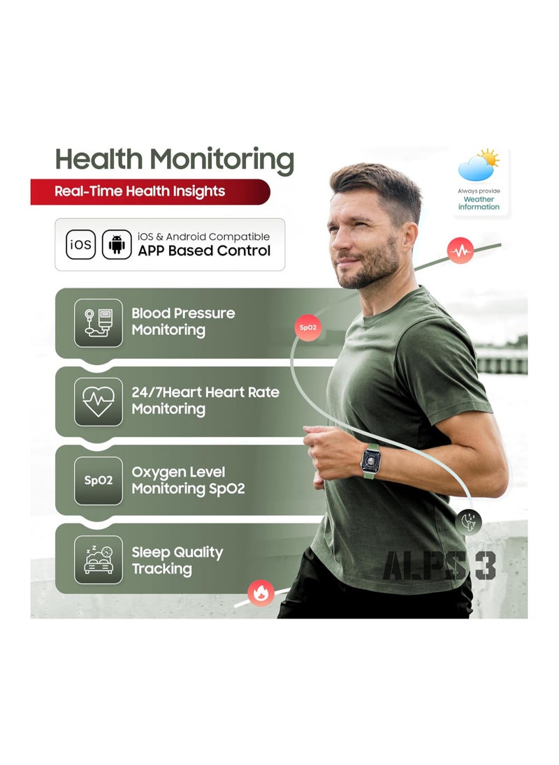 SWISS MILITARY - Swiss Military Alps3 Smartwatch, Curved Display 1.96” AMOLED, Bluetooth Calling, Multi Language, Fitness Tracking, Wireless Charging, 7 Days Battery, iOS/Android Compatible, Silver Frame & Green Strap - Image 1