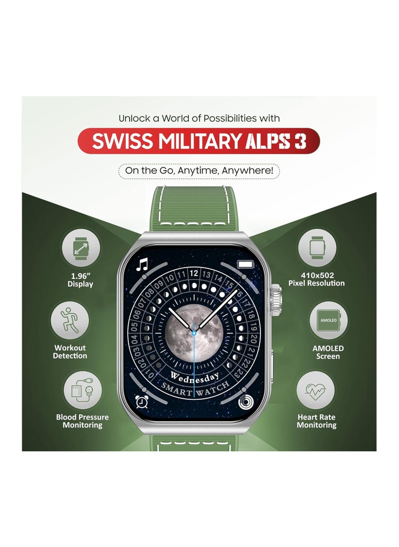 SWISS MILITARY - Swiss Military Alps3 Smartwatch, Curved Display 1.96” AMOLED, Bluetooth Calling, Multi Language, Fitness Tracking, Wireless Charging, 7 Days Battery, iOS/Android Compatible, Silver Frame & Green Strap - Image 1