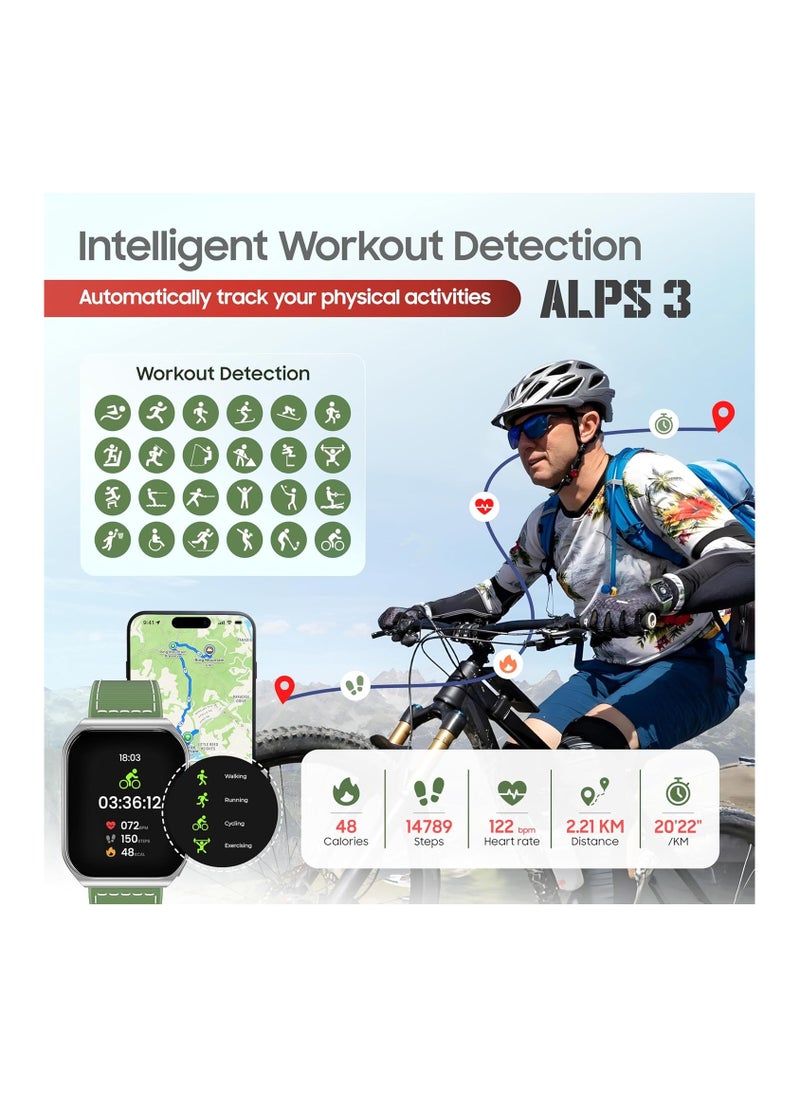 SWISS MILITARY - Swiss Military Alps3 Smartwatch, Curved Display 1.96” AMOLED, Bluetooth Calling, Multi Language, Fitness Tracking, Wireless Charging, 7 Days Battery, iOS/Android Compatible, Silver Frame & Green Strap - Image 1