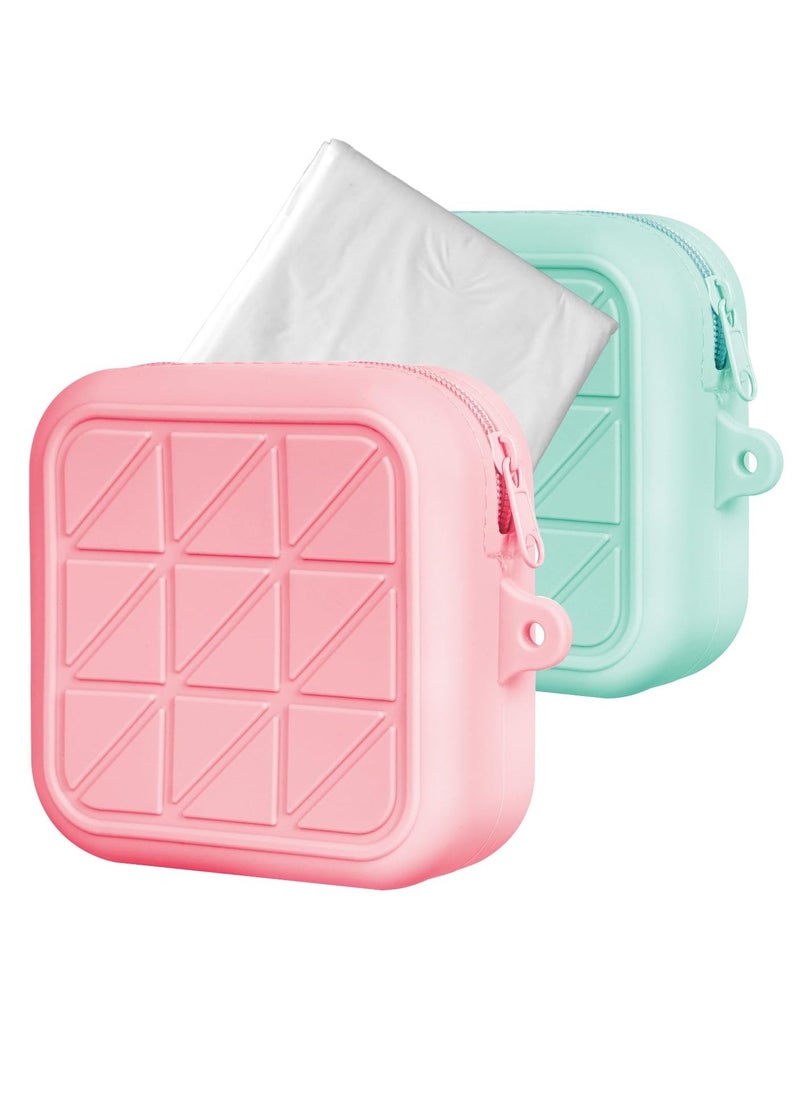 KASTWAVE 2 Pack Silicone Period Bag, Sanitary Napkin Storage Bag with Wrist Strap, Menstrual Cup Pouch for Teen Girls Women (Pink & Green)  - Image 1