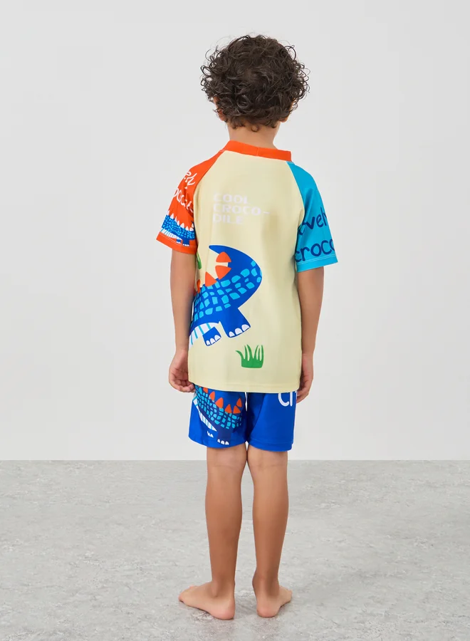 Styli Boys Graphic Print Raglan Sleeve T-Shirt and Shorts Swimsuit