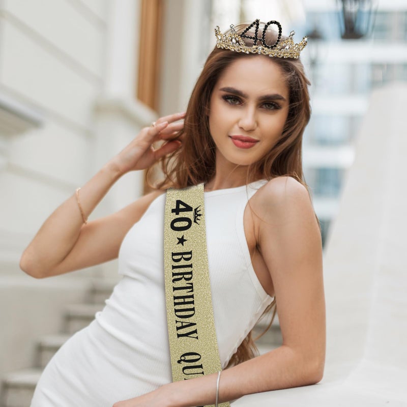 Uiorgui 40th Birthday Crown and Sash for Women, 40 Tiara Headband, Black Gold 40th Birthday Decorations Gifts Favors for Female Friends Sister Daughter Wife Mom - Image 5