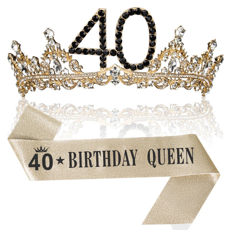 Uiorgui 40th Birthday Crown and Sash for Women, 40 Tiara Headband, Black Gold 40th Birthday Decorations Gifts Favors for Female Friends Sister Daughter Wife Mom - Image 1
