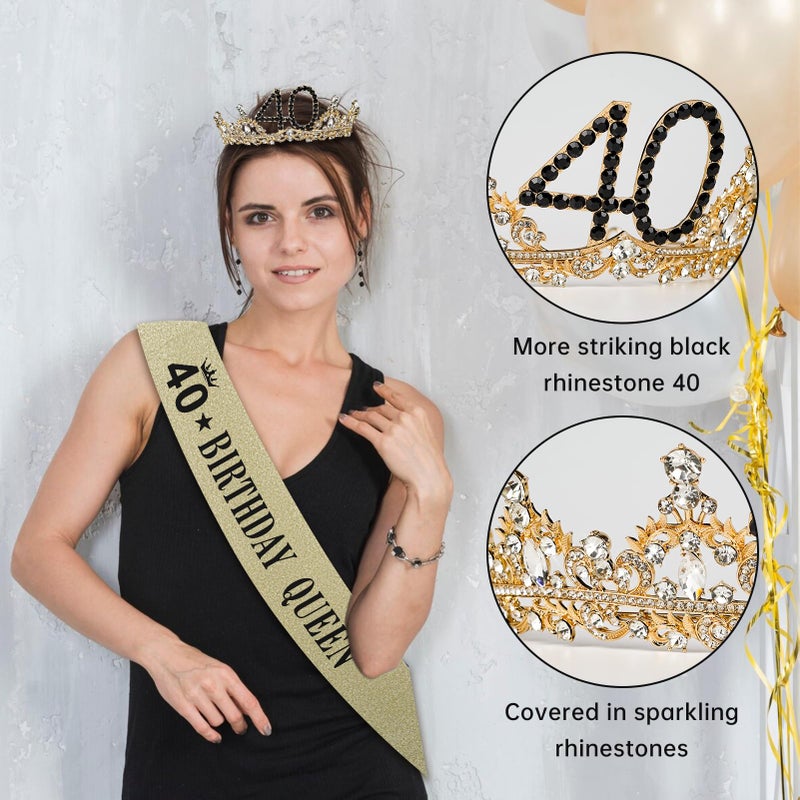 Uiorgui 40th Birthday Crown and Sash for Women, 40 Tiara Headband, Black Gold 40th Birthday Decorations Gifts Favors for Female Friends Sister Daughter Wife Mom - Image 2