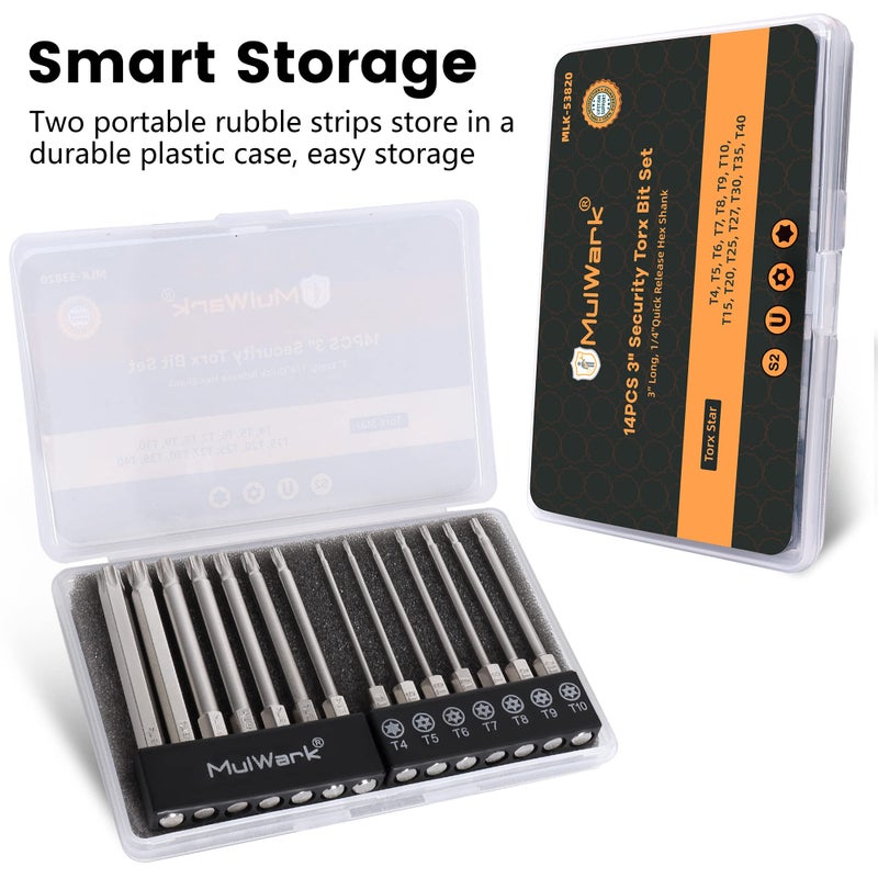 MulWark 14PC Security Torx Bit Set 3" Long Tamper Proof Star Screwdriver Bit Set 1/4" Hex Shank S2 Steel T4 - T40 Magnetic Impact Driver Drill Bits - Image 5