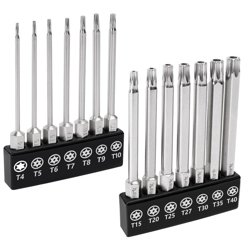 MulWark 14PC Security Torx Bit Set 3" Long Tamper Proof Star Screwdriver Bit Set 1/4" Hex Shank S2 Steel T4 - T40 Magnetic Impact Driver Drill Bits - Image 1