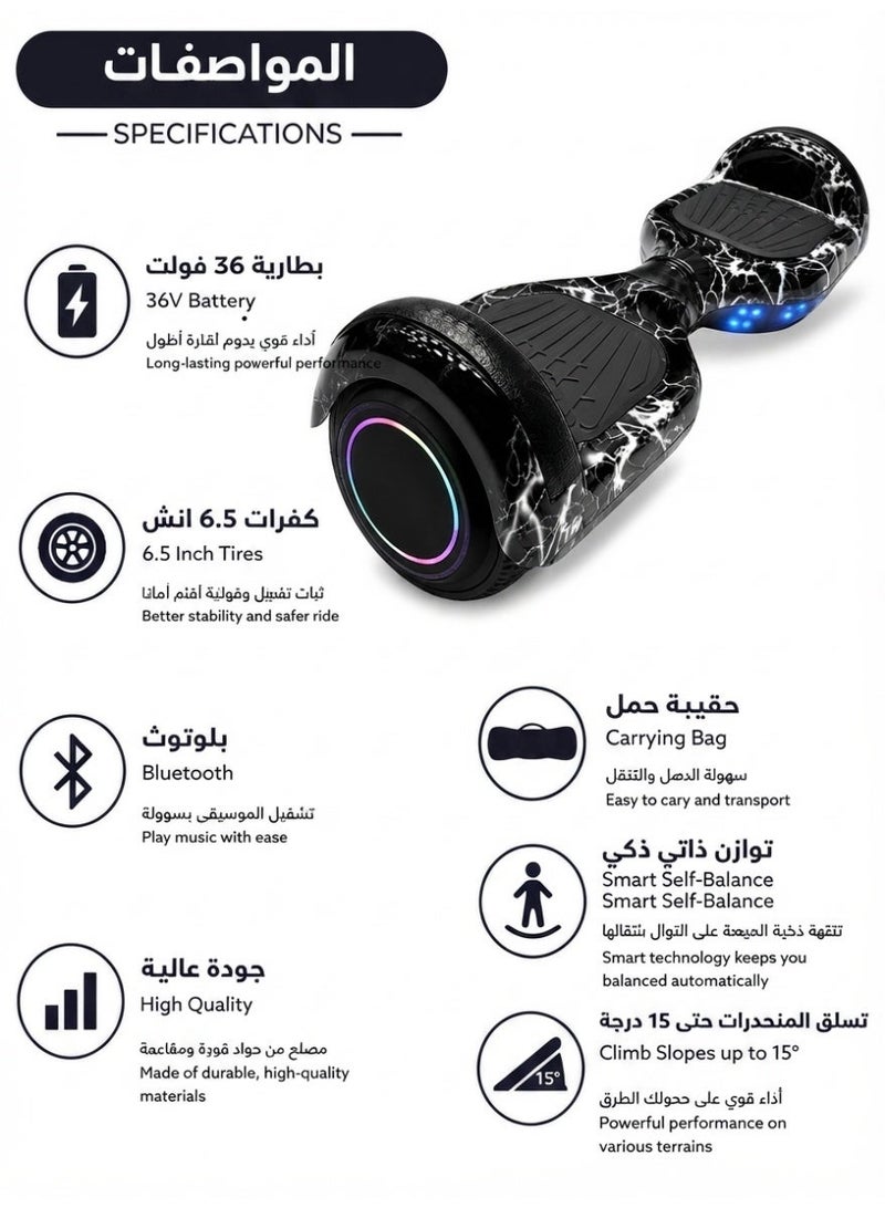 NIYAZI Smart Electric Hoverboard 36V with Bluetooth, LED Lights & 6.5" Wheels - Image 3