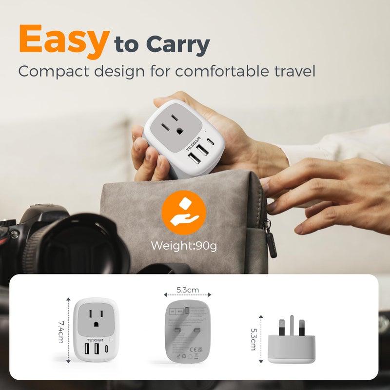TESSAN US to UK Plug Adapter with USB, 4 in 1 American to UK Travel Adapter - Image 5