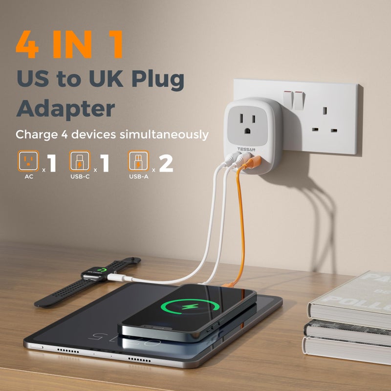 TESSAN US to UK Plug Adapter with USB, 4 in 1 American to UK Travel Adapter - Image 3