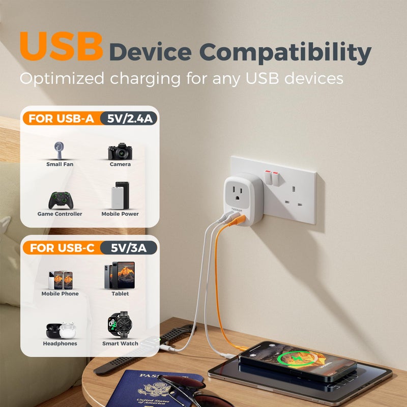 TESSAN US to UK Plug Adapter with USB, 4 in 1 American to UK Travel Adapter - Image 4