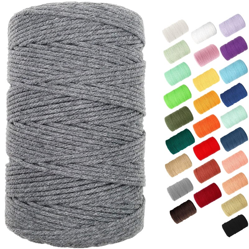 BYWORLD 3mm Cotton Rope 220 Yards200m Twine String 100 Natural Cotton Colored Macrame Rope for Plant Hangers Wall Hanging Christmas or Wedding DecorativeGrey