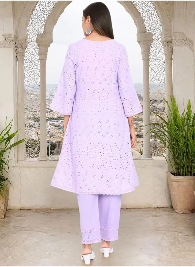 آي شين Cotton Women Blue Cotton Kurta Set with Embroidered pattern Tunic and Palazzo features a Round neckline and Three-Fourth Sleeve secured with Elastic closure and styled in Straight Fit ideal for Festive moments — perfect for fashion-forward occasions.