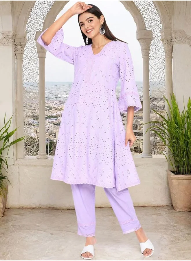 آي شين Cotton Women Blue Cotton Kurta Set with Embroidered pattern Tunic and Palazzo features a Round neckline and Three-Fourth Sleeve secured with Elastic closure and styled in Straight Fit ideal for Festive moments — perfect for fashion-forward occasions.