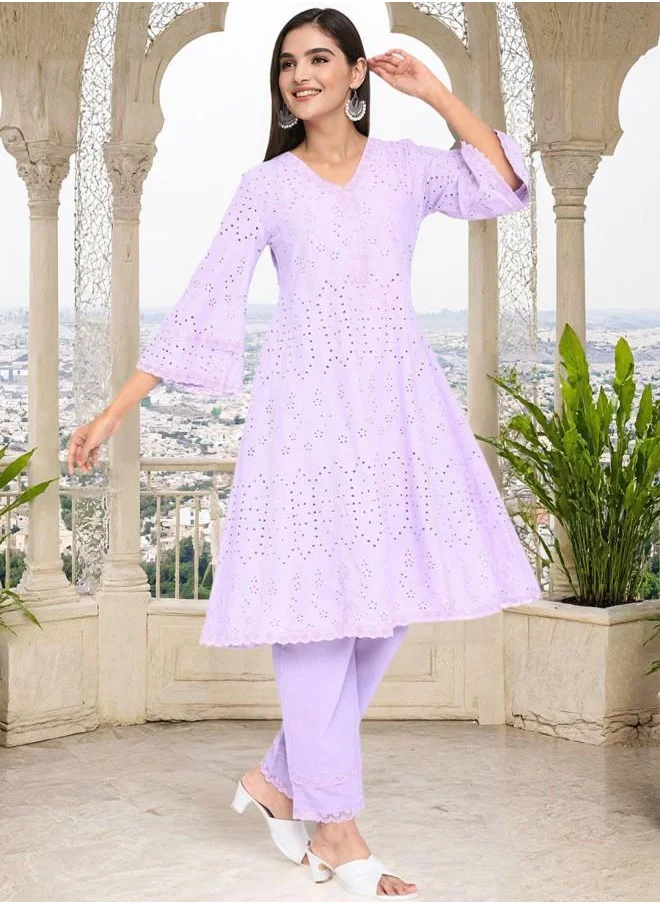 آي شين Cotton Women Blue Cotton Kurta Set with Embroidered pattern Tunic and Palazzo features a Round neckline and Three-Fourth Sleeve secured with Elastic closure and styled in Straight Fit ideal for Festive moments — perfect for fashion-forward occasions.