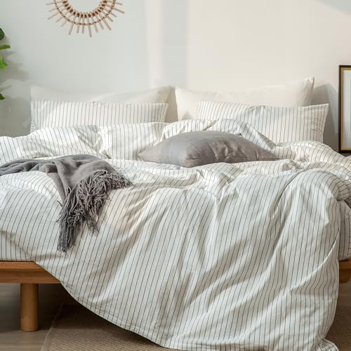 MooMee Striped Duvet Cover Set 100 Washed Cotton Linen Like Textured Breathable Durable Soft Comfy White Dark Grey Wide Stripes Twin 68x90