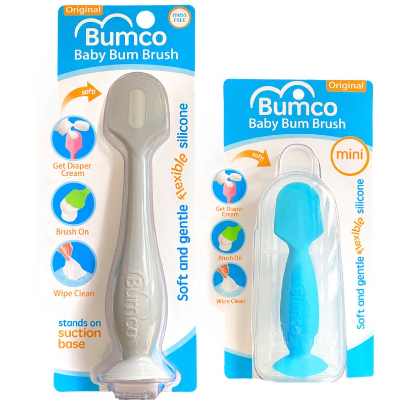 Baby Bum Brush Bumco Baby Bum Brush + Mini Baby Diaper Cream Spatula with Case - BPA-Free Silicone Diaper Spatula with Suction Cup, Wipe-Clean, Mom-Invented Butt Paste Applicator (Gray & Blue) - Image 1