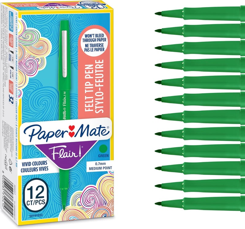 Paper Mate أقلام بيبر ميت فليير ذات رأس شعري، 0.7 مم رأس متوسط، أخضر، علبة من 12 - Image 1
