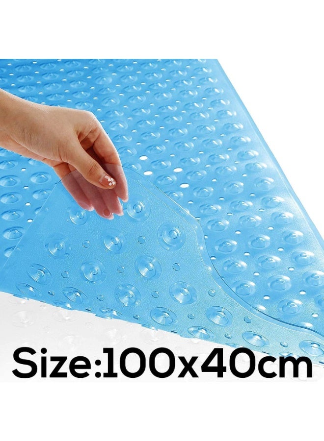 Non-slip bath mat with suction cups, safe, transparent, waterproof bath mat made of soft PVC material, bathtub floor protector, anti-slip design, 100 x 40 cm, for healthy home use (blue) - Image 2