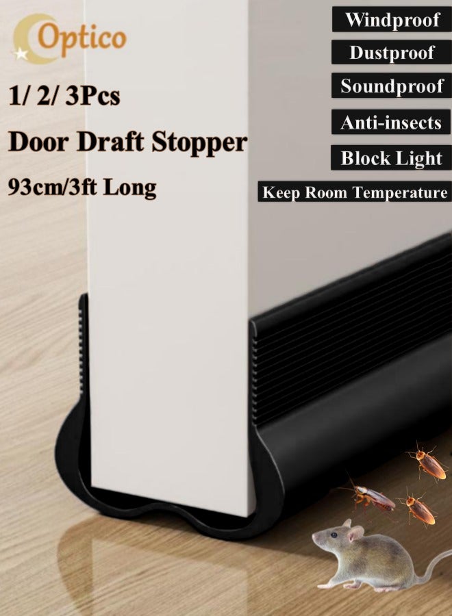 Optico 1/2/3Pcs Door Draft Stopper, 93CM Weather Stripping Door Seal PVC Seal Strip Door Seal Blocker Door Bottom Sealing Strips Door Sweep Under Door Seal Door Sealer for Noise Reduction & Insulation & Anti-insects & Block Light (Black)  - Image 1