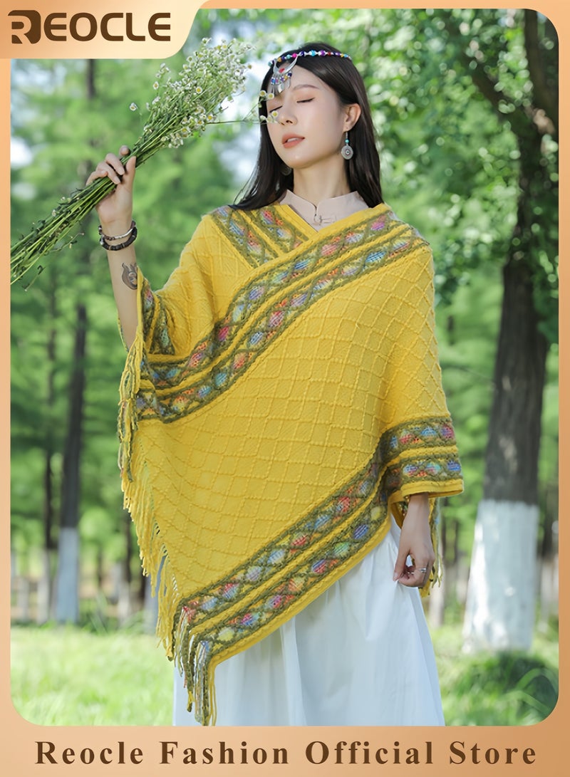 REOCLE Women's Shawl Wraps Travel Plaid Poncho Cape Warm Poncho Wrap Cardigan with Fringed V-Neck Striped Sweater Pullover Cape - Image 1