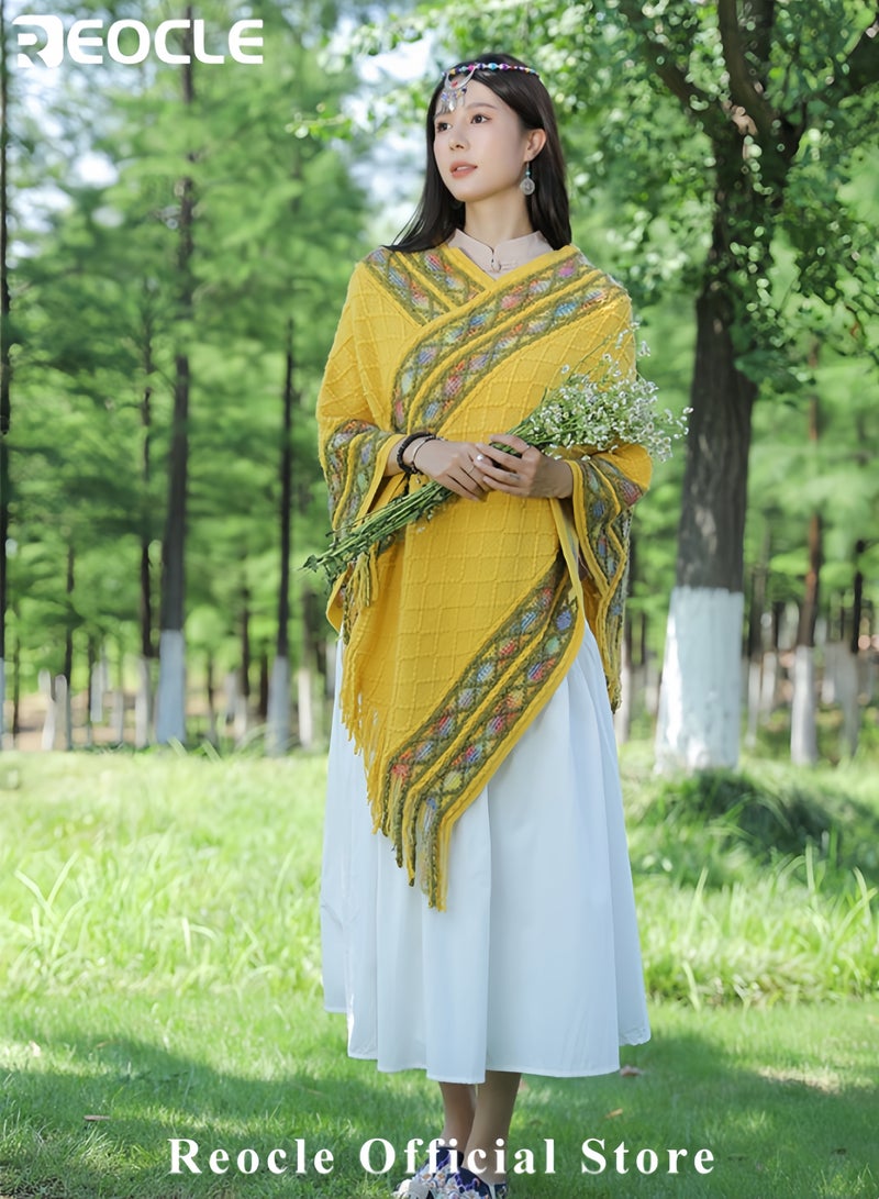 REOCLE Women's Shawl Wraps Travel Plaid Poncho Cape Warm Poncho Wrap Cardigan with Fringed V-Neck Striped Sweater Pullover Cape - Image 2