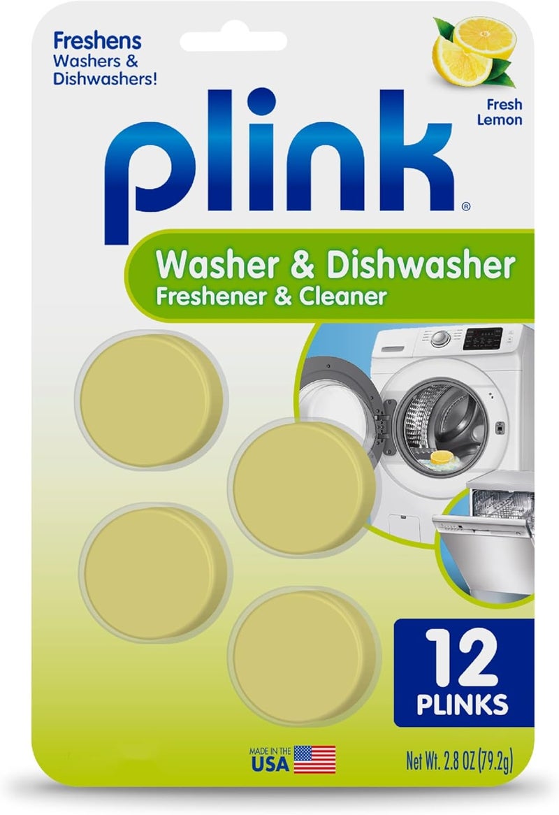 Plink Washing Machine and Dishwasher Cleaner and Freshener, Prevents Residue and Removes Odors in Kitchen and Laundry Room Appliances, Septic-Friendly, Made in the USA, Lemon Scent, 12 Tablets - Image 1
