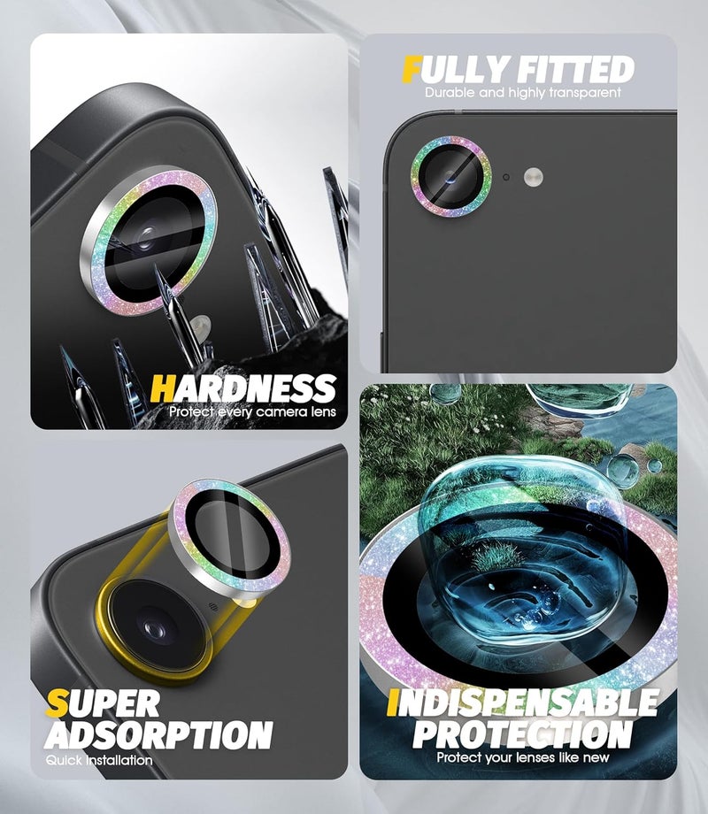 Orzero (3 Pack) Camera Lens Protector Compatible for iPhone 16e, Protector de Cámera Bling Individual 3D Alloy Metal Ring Glass Cover Case Friendly - Glitter Colorful - Image 5