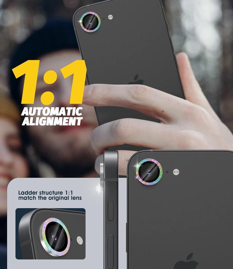 Orzero (3 Pack) Camera Lens Protector Compatible for iPhone 16e, Protector de Cámera Bling Individual 3D Alloy Metal Ring Glass Cover Case Friendly - Glitter Colorful - Image 4