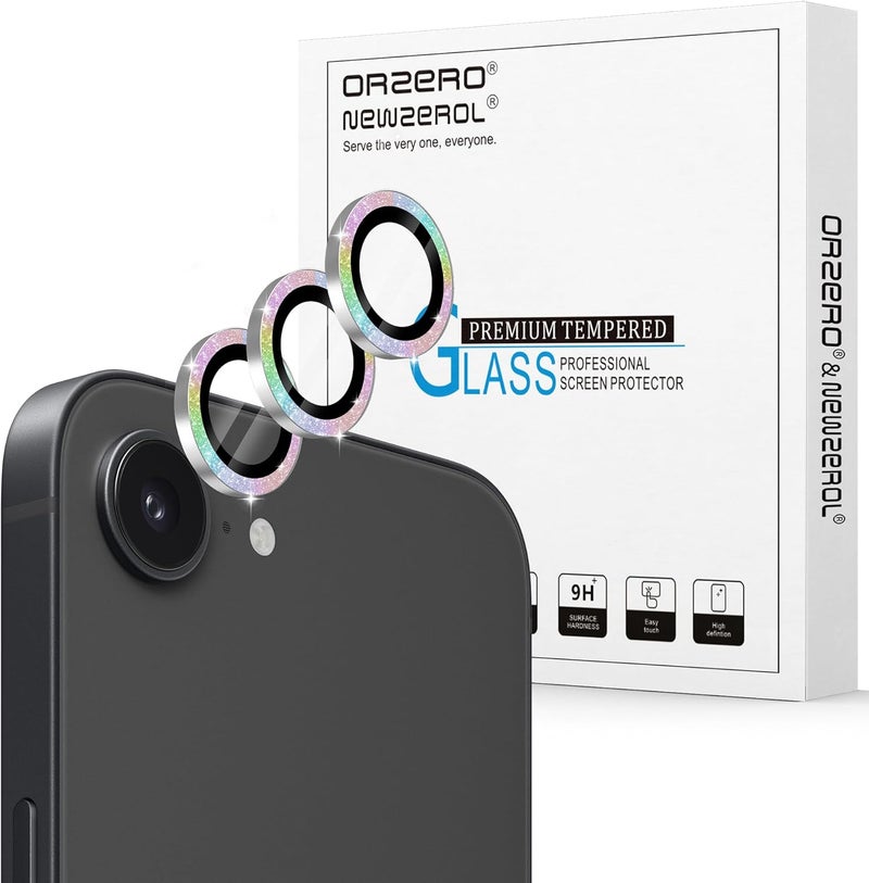 Orzero (3 Pack) Camera Lens Protector Compatible for iPhone 16e, Protector de Cámera Bling Individual 3D Alloy Metal Ring Glass Cover Case Friendly - Glitter Colorful - Image 1