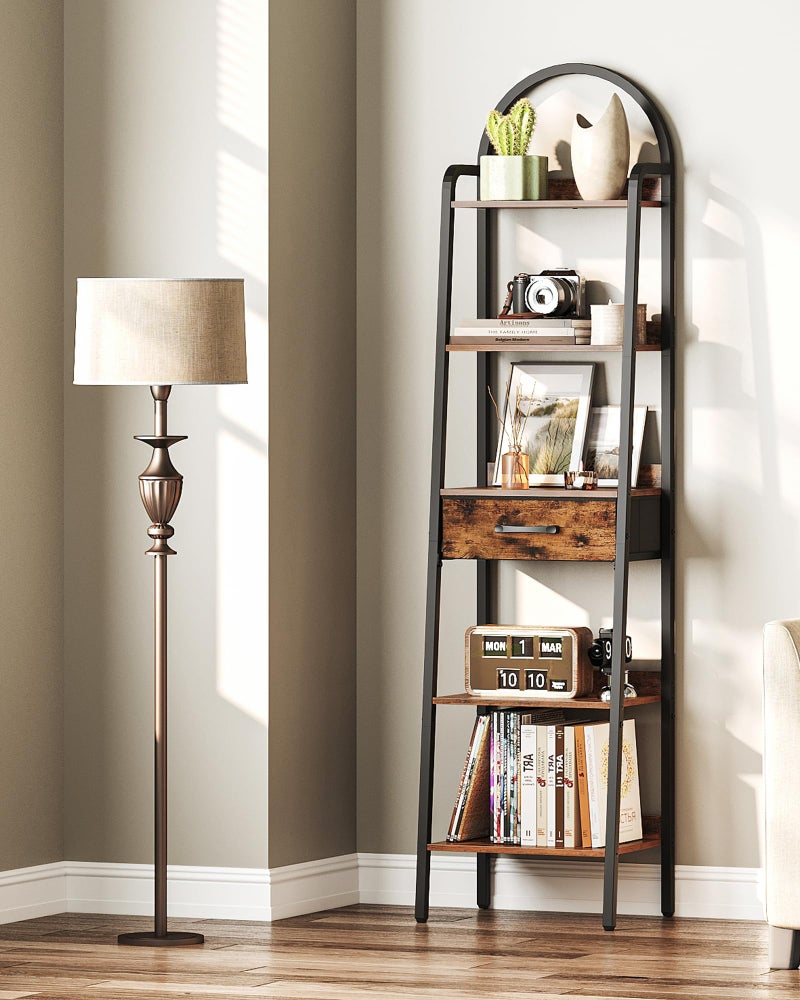 CHOEZON 5 Tier Ladder Shelf with Drawer, Tall Ladder Bookshelf, Standing Bookcase with Metal Frame for Living Room, Bathroom, Home Office, Study, Balcony, Rustic Brown and Black TCJ07BF - Image 2