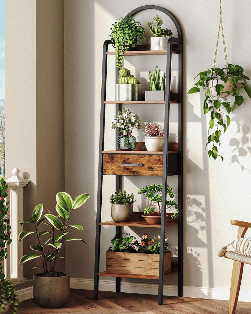 CHOEZON 5 Tier Ladder Shelf with Drawer, Tall Ladder Bookshelf, Standing Bookcase with Metal Frame for Living Room, Bathroom, Home Office, Study, Balcony, Rustic Brown and Black TCJ07BF - Image 1