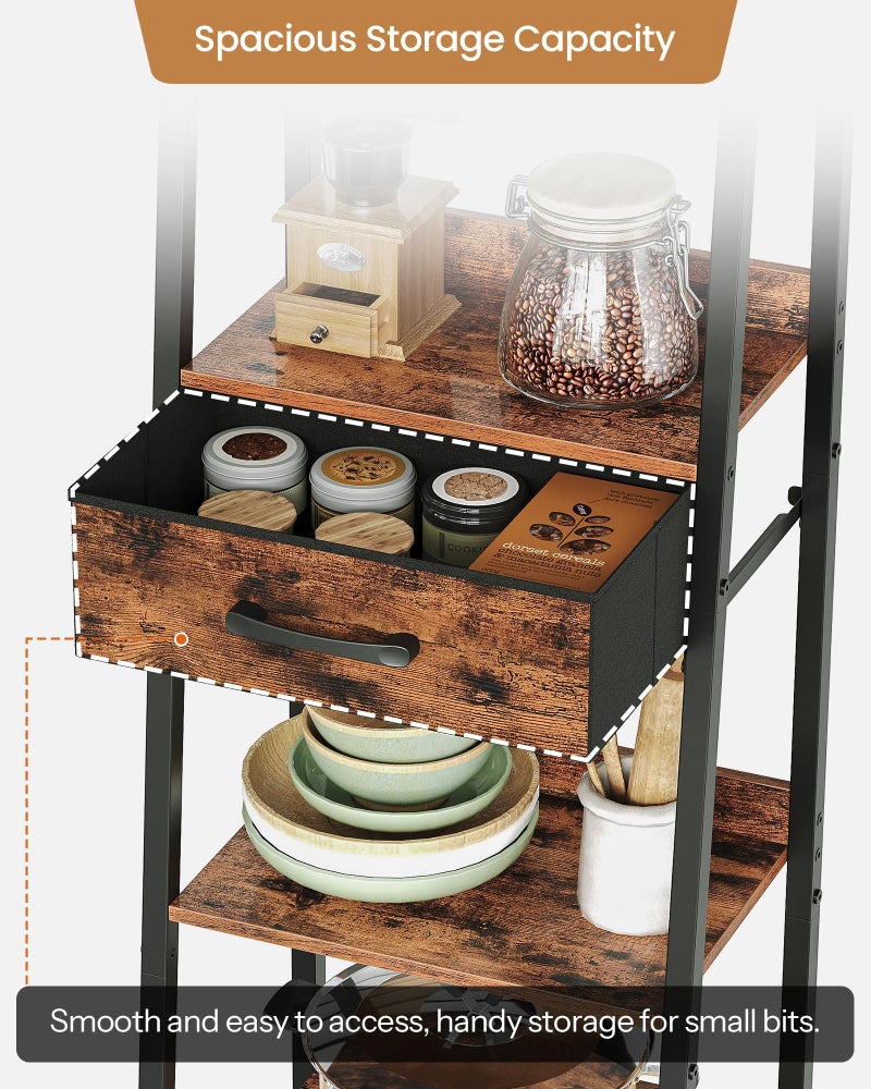 CHOEZON 5 Tier Ladder Shelf with Drawer, Tall Ladder Bookshelf, Standing Bookcase with Metal Frame for Living Room, Bathroom, Home Office, Study, Balcony, Rustic Brown and Black TCJ07BF - Image 5
