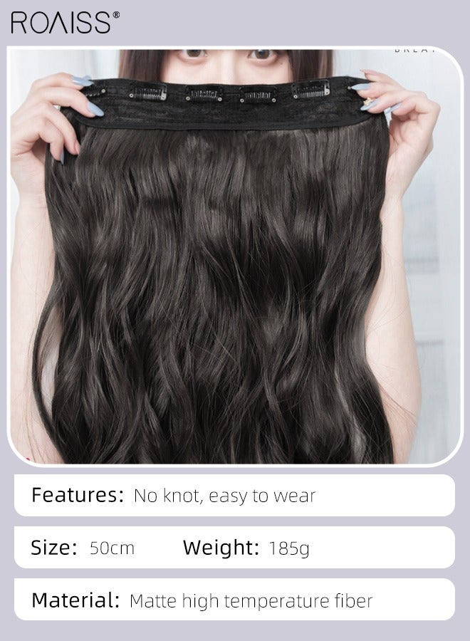 رويس وصلات شعر أسود بني، وصلات شعر مجعد من قطعة واحدة مع 5 مشابك، قطعة شعر صناعية مقاومة للحرارة للفتيات النساء، 50 سم (20 بوصة) - Image 3