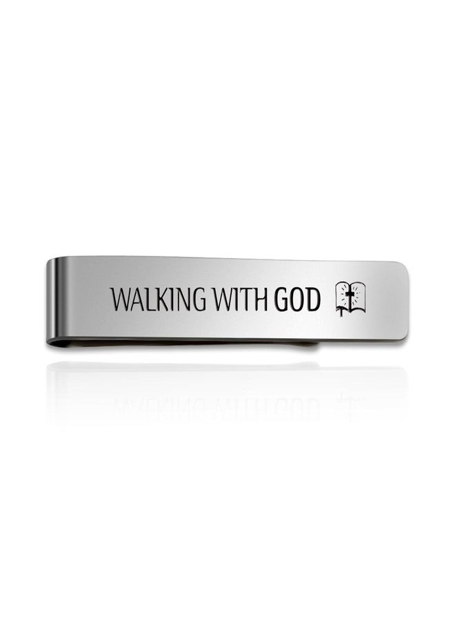 HUHALLI Walking With God Religious Christian Gifts for Men Faith Based Stainless Steel Tie Clips Bar Pin Best Pastor Gift Spiritual Gifts Christmas Birthday Presents Valentines Day Gift for Friends Coworkers - Image 1