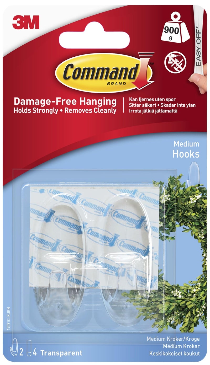 Command Plastic Hooks, Medium, Clear, 2-Hooks (17091CLR-ES) - Image 1