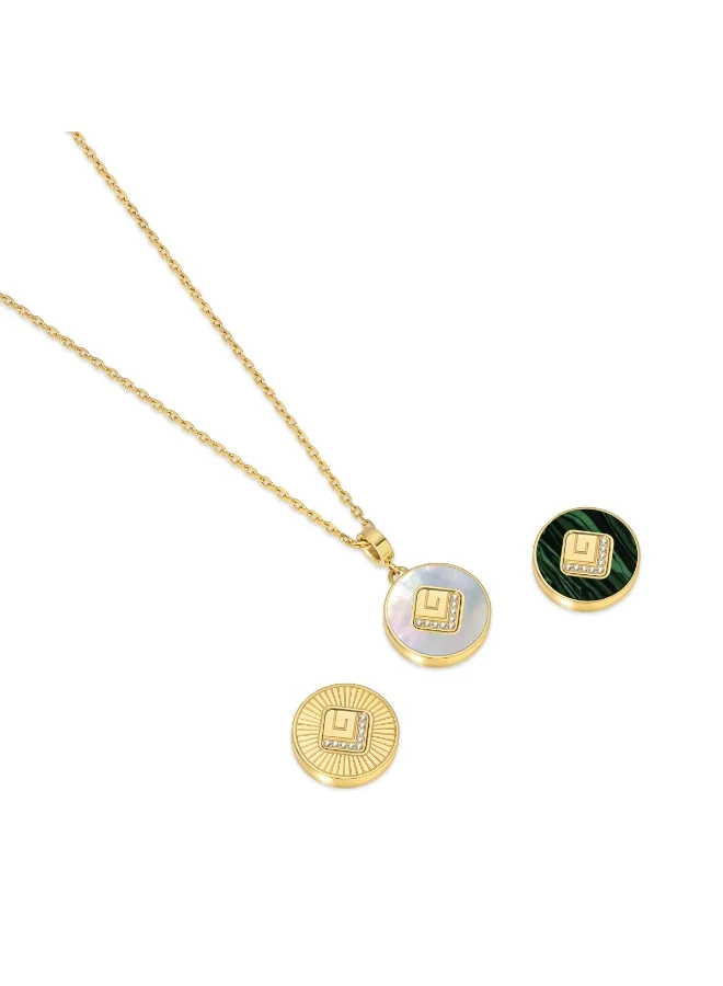 غاي لاروش قلادة آن نسائية مطلية بالذهب بتصميم صغير قابل للتبديل مع صدفة الأم اللؤلؤ وبلورات على شكل شمس بطول  مم