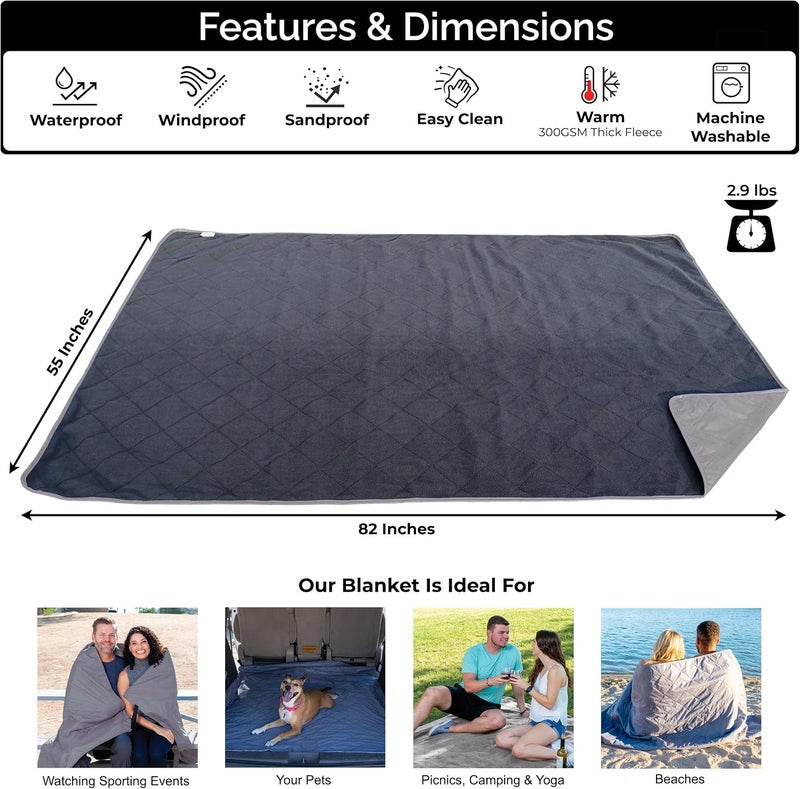 BRAWNTIDE Large Outdoor Waterproof Blanket - Great for Beach, Stadium, Camping, Extra Thick Fleece, Warm, Windproof, Sandproof, Ideal for Sunbathing, Yoga, Parks, Picnics, Sports, Car (Gray) - Image 2